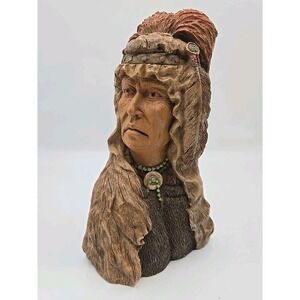 Native American Indian Chief Bust Sculpture With Headdress.  Wood Look. Resin